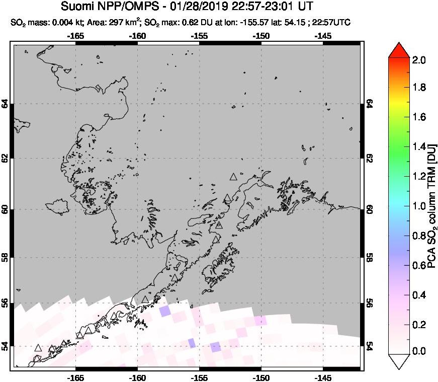 A sulfur dioxide image over Alaska, USA on Jan 28, 2019.