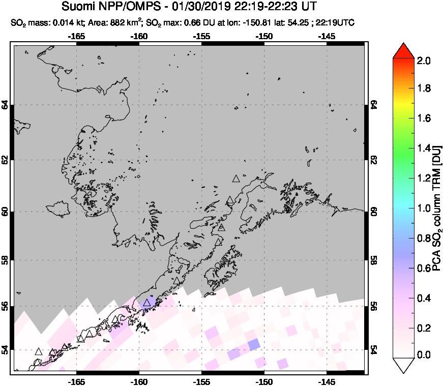A sulfur dioxide image over Alaska, USA on Jan 30, 2019.