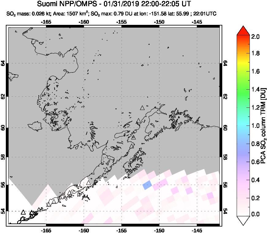 A sulfur dioxide image over Alaska, USA on Jan 31, 2019.