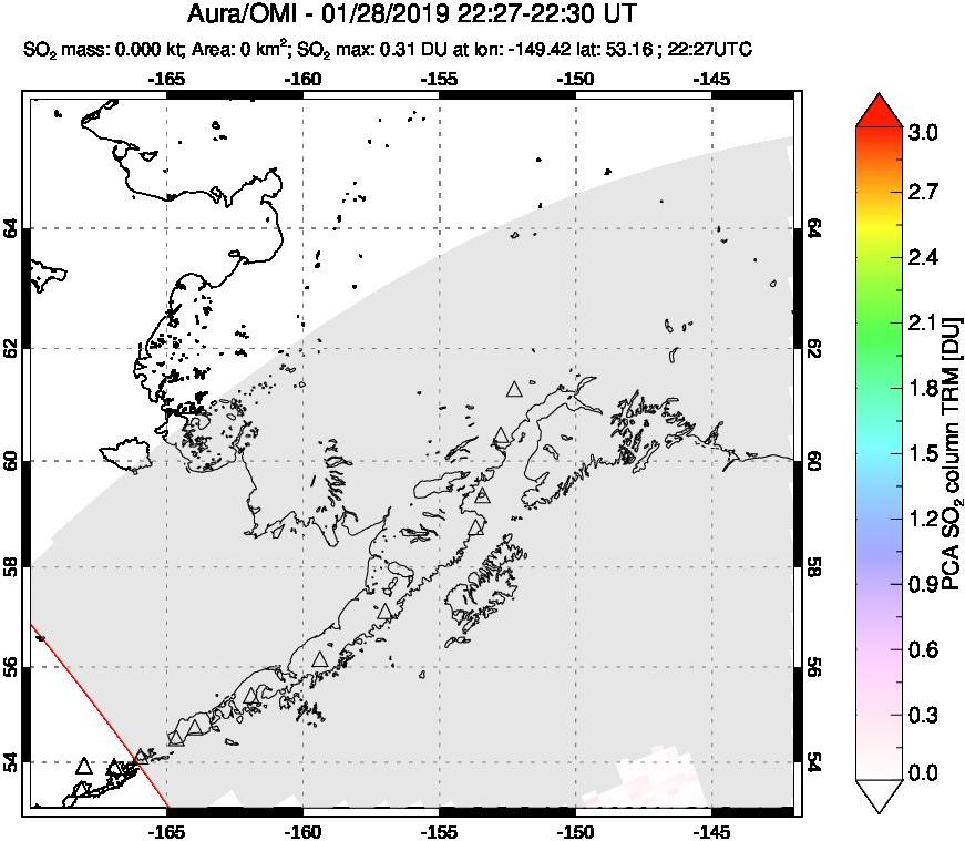 A sulfur dioxide image over Alaska, USA on Jan 28, 2019.