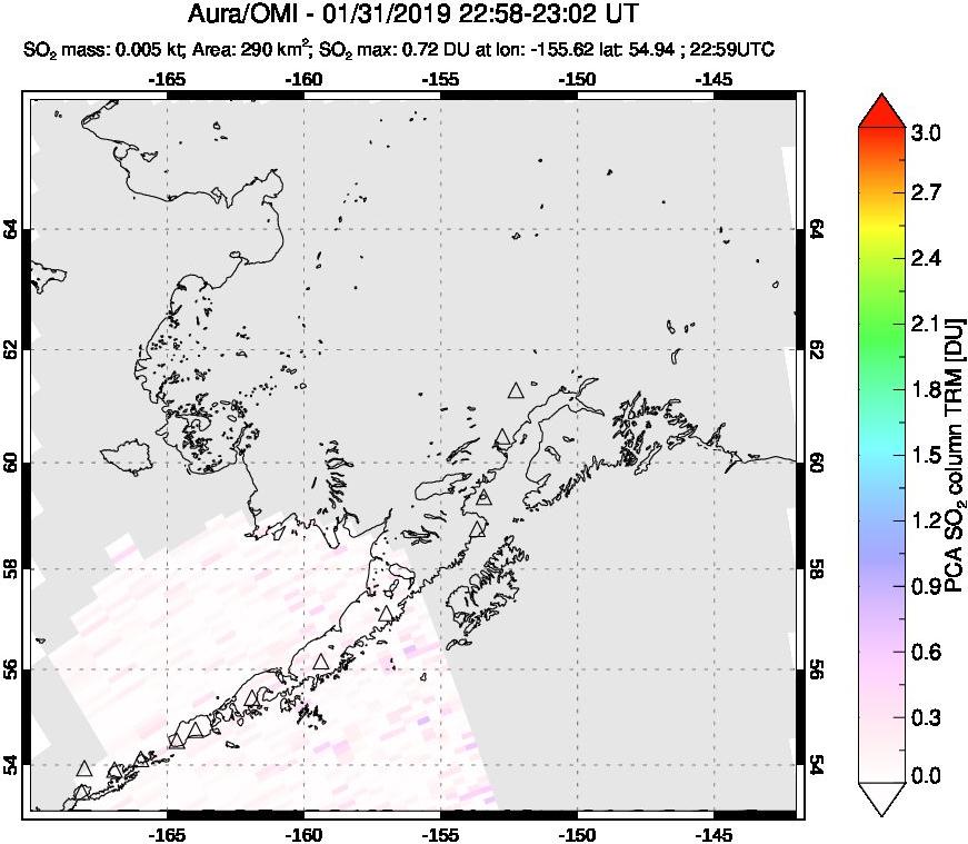 A sulfur dioxide image over Alaska, USA on Jan 31, 2019.