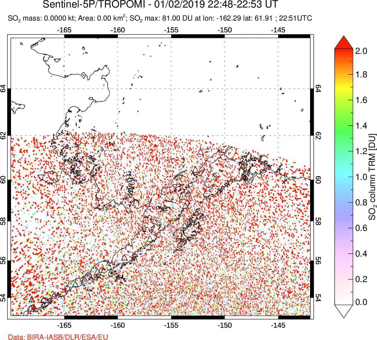 A sulfur dioxide image over Alaska, USA on Jan 02, 2019.