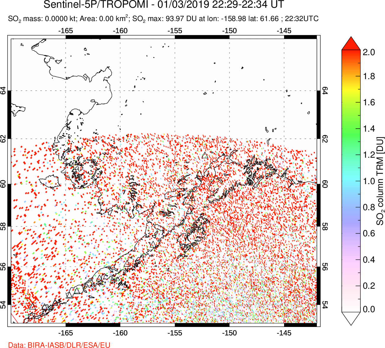 A sulfur dioxide image over Alaska, USA on Jan 03, 2019.