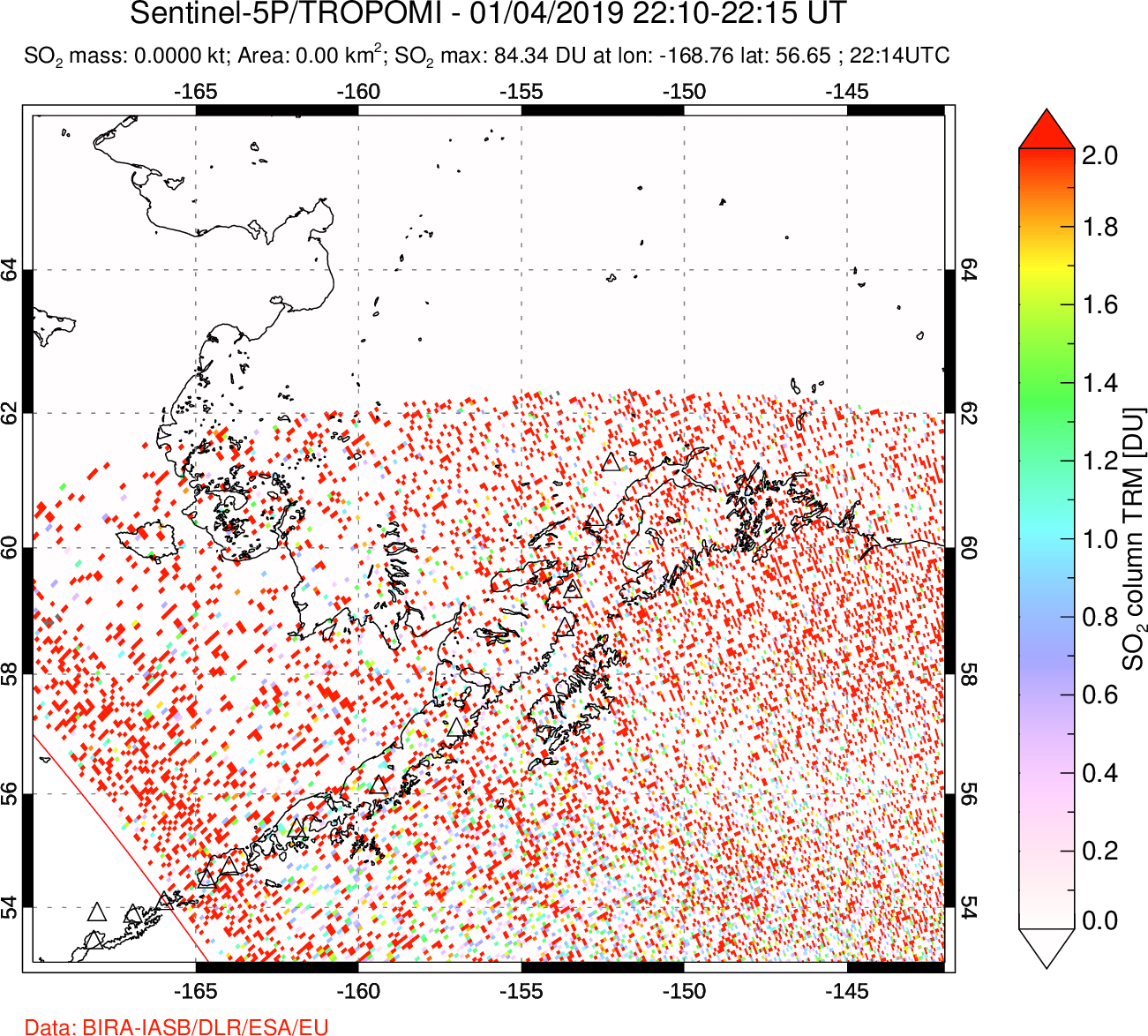 A sulfur dioxide image over Alaska, USA on Jan 04, 2019.