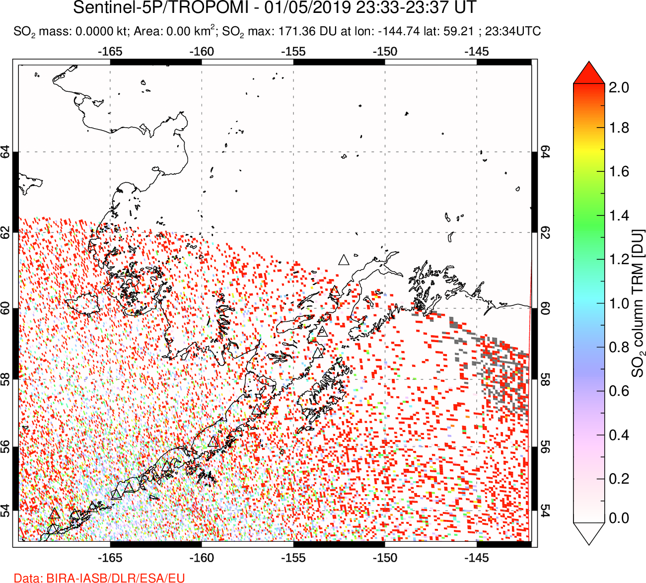 A sulfur dioxide image over Alaska, USA on Jan 05, 2019.