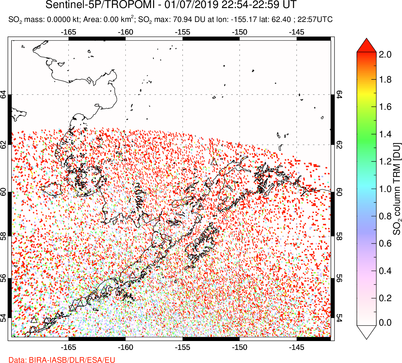 A sulfur dioxide image over Alaska, USA on Jan 07, 2019.