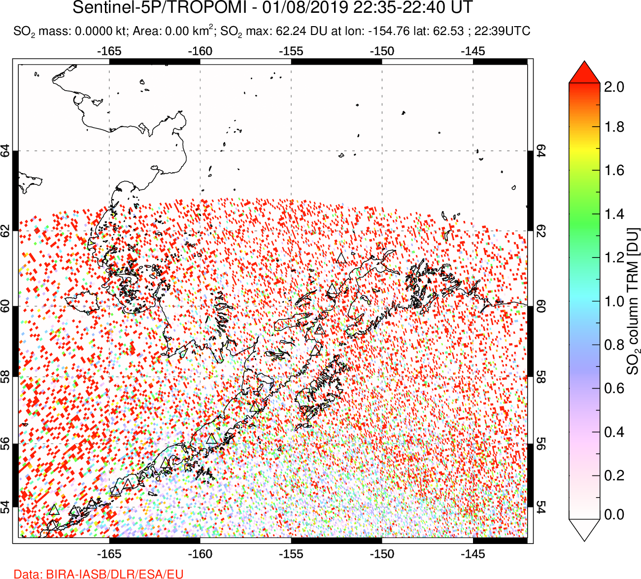 A sulfur dioxide image over Alaska, USA on Jan 08, 2019.