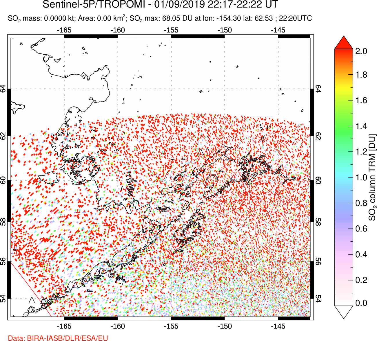 A sulfur dioxide image over Alaska, USA on Jan 09, 2019.