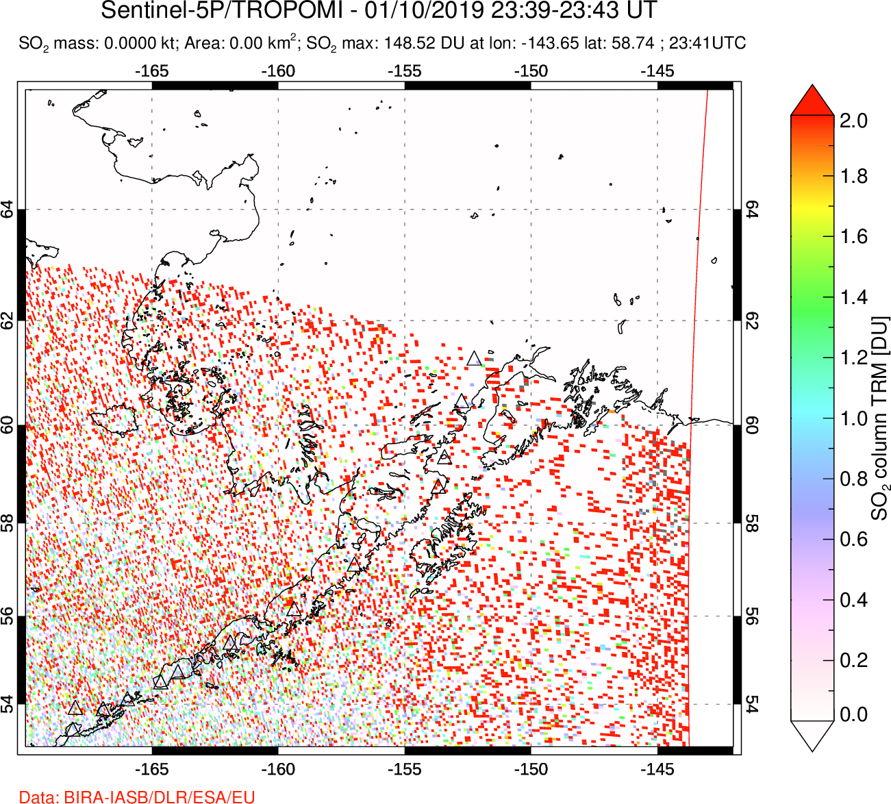A sulfur dioxide image over Alaska, USA on Jan 10, 2019.