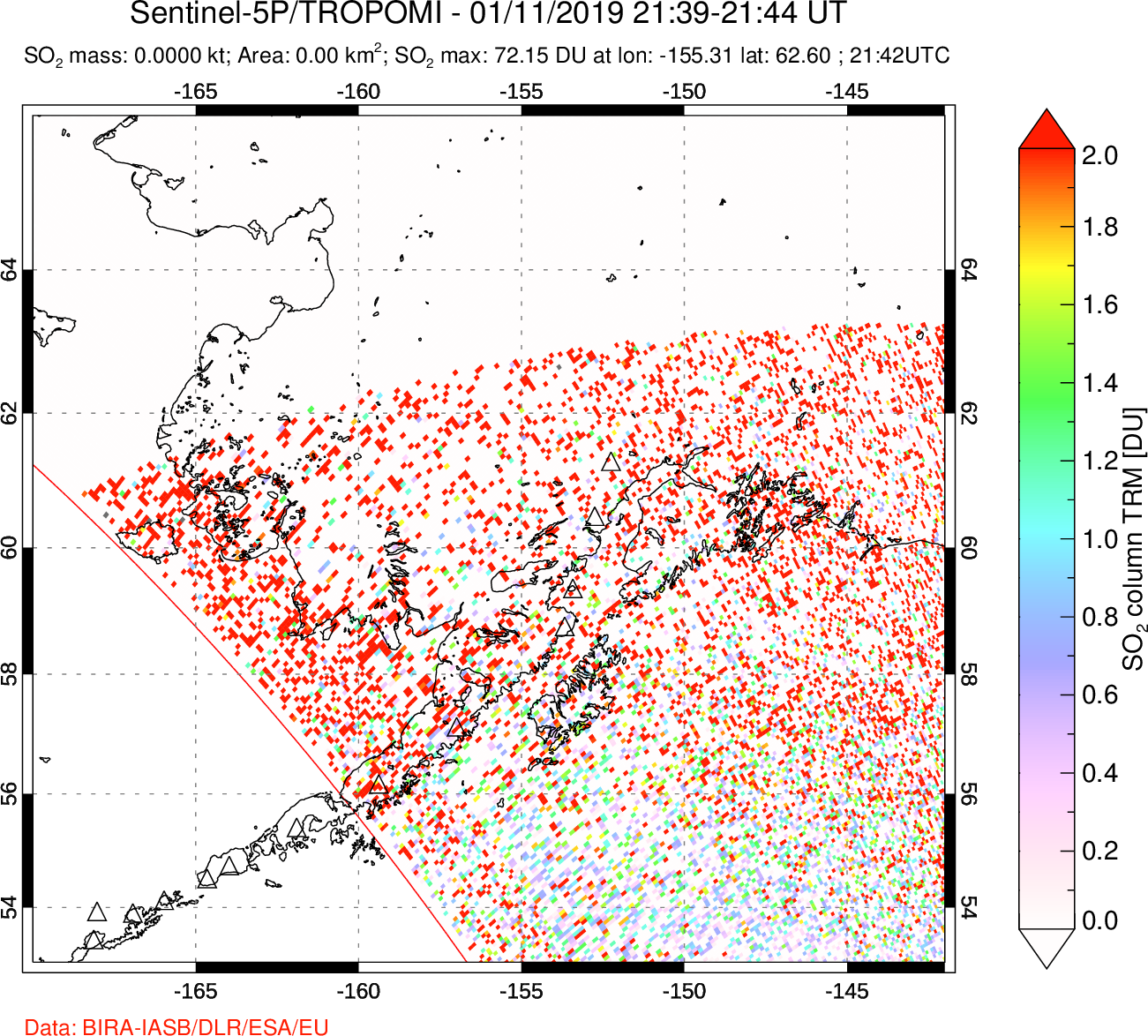 A sulfur dioxide image over Alaska, USA on Jan 11, 2019.