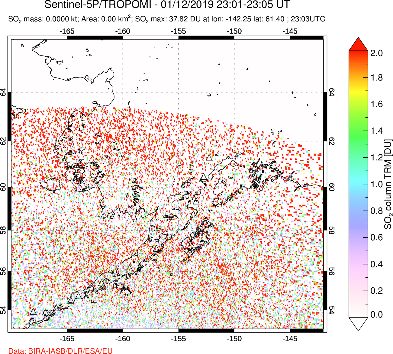 A sulfur dioxide image over Alaska, USA on Jan 12, 2019.