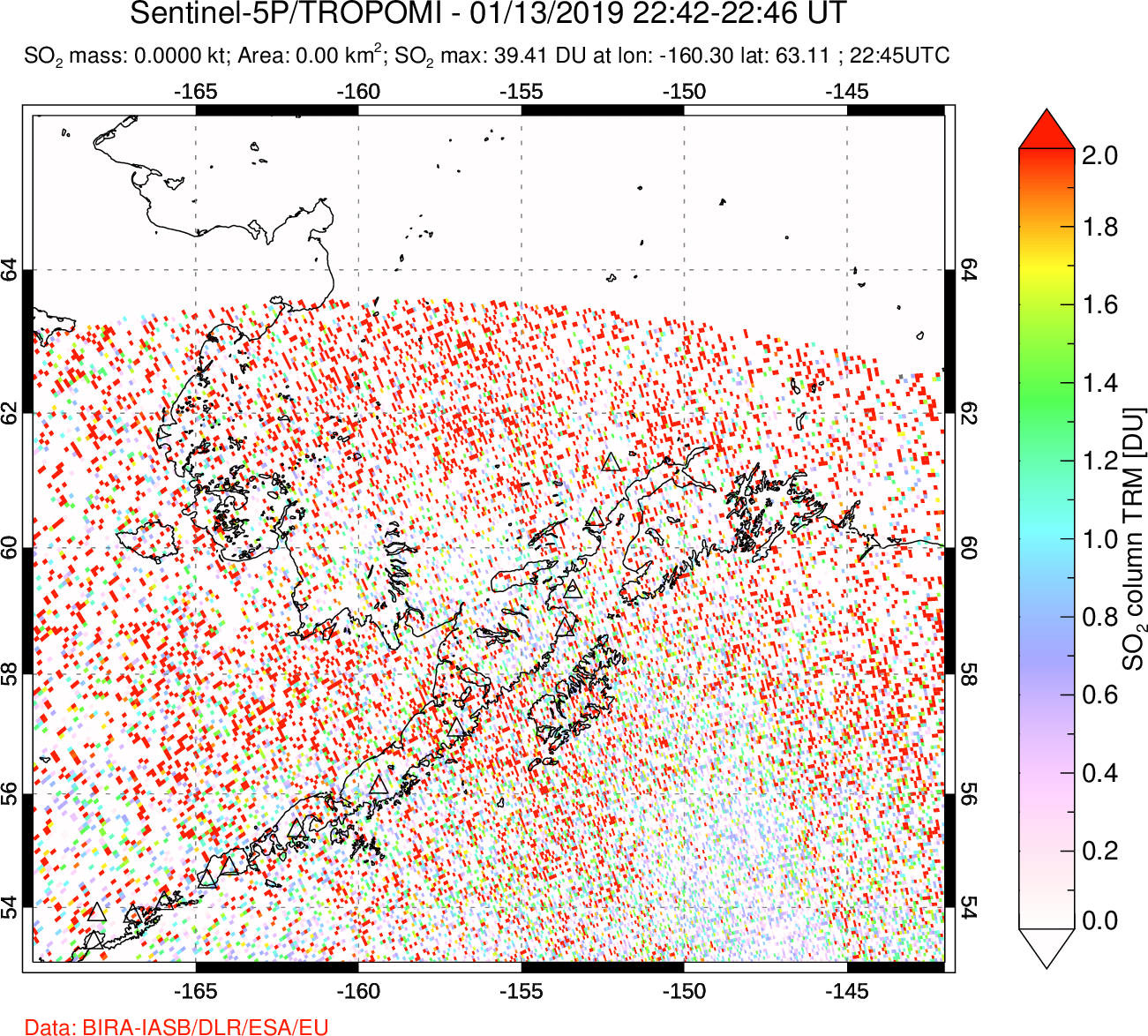 A sulfur dioxide image over Alaska, USA on Jan 13, 2019.