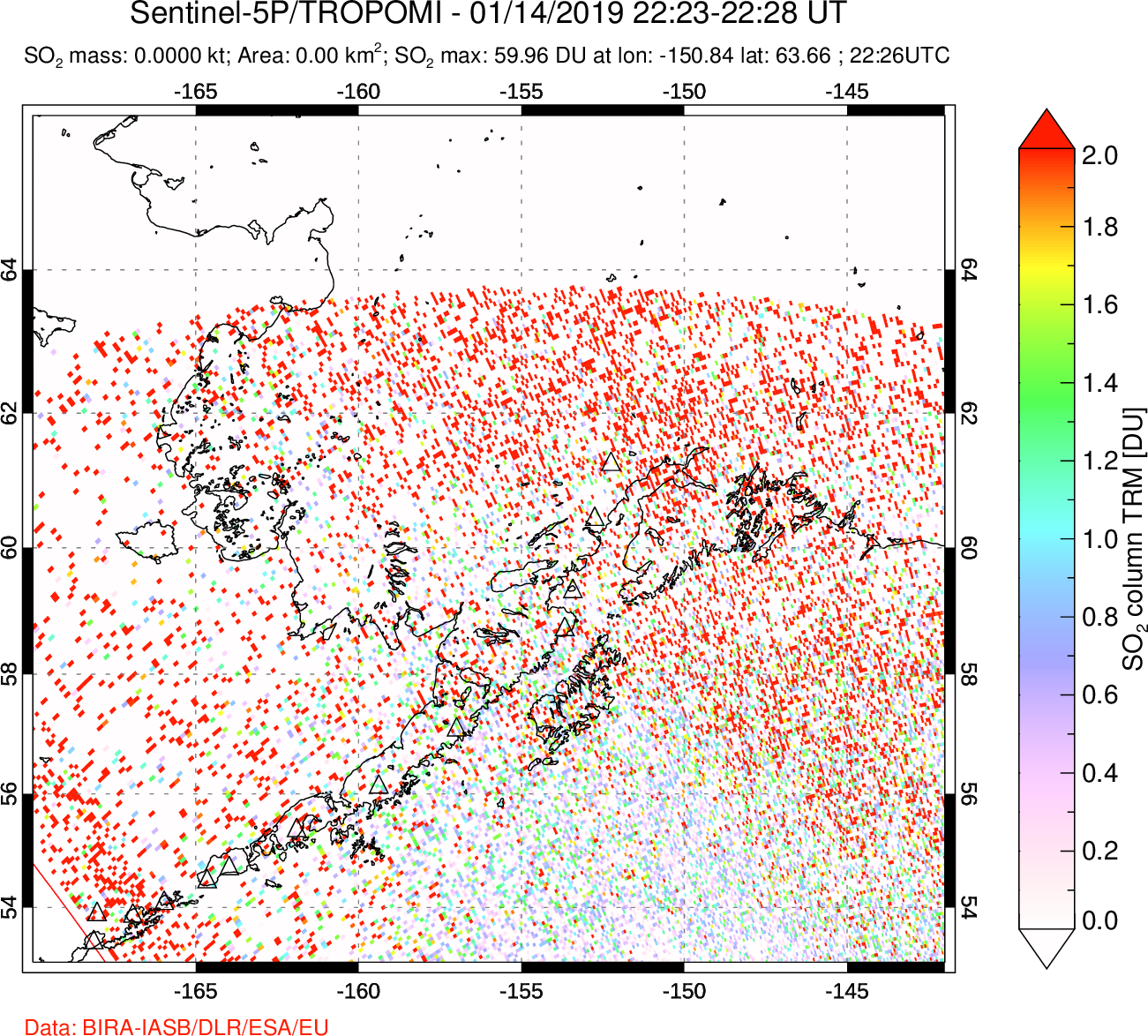 A sulfur dioxide image over Alaska, USA on Jan 14, 2019.