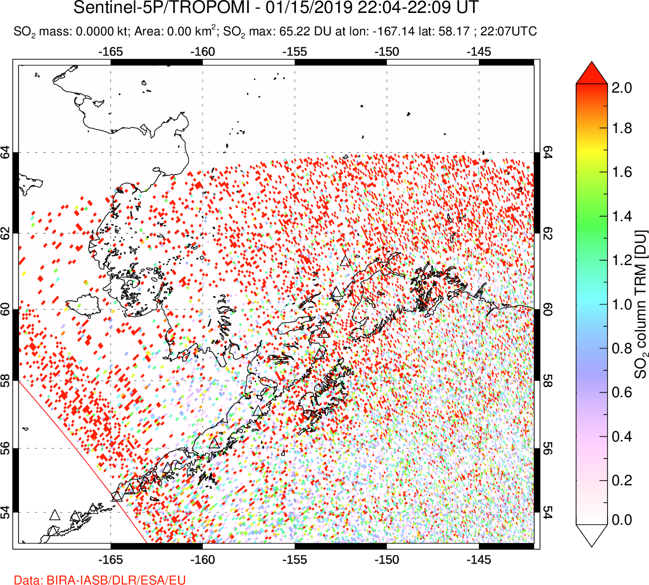 A sulfur dioxide image over Alaska, USA on Jan 15, 2019.