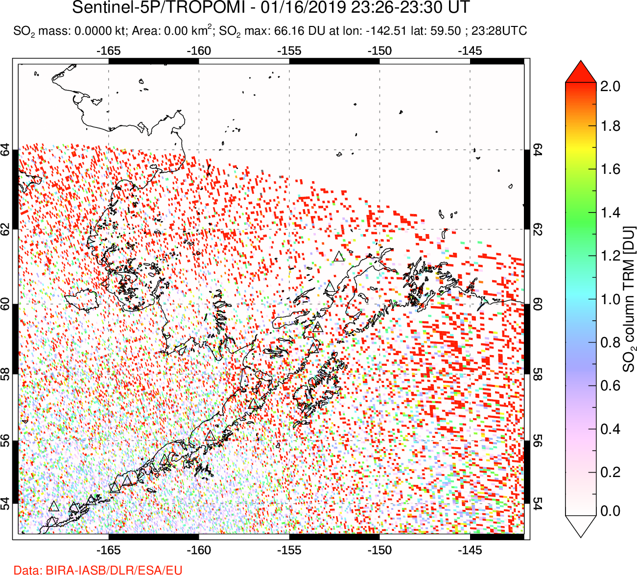 A sulfur dioxide image over Alaska, USA on Jan 16, 2019.
