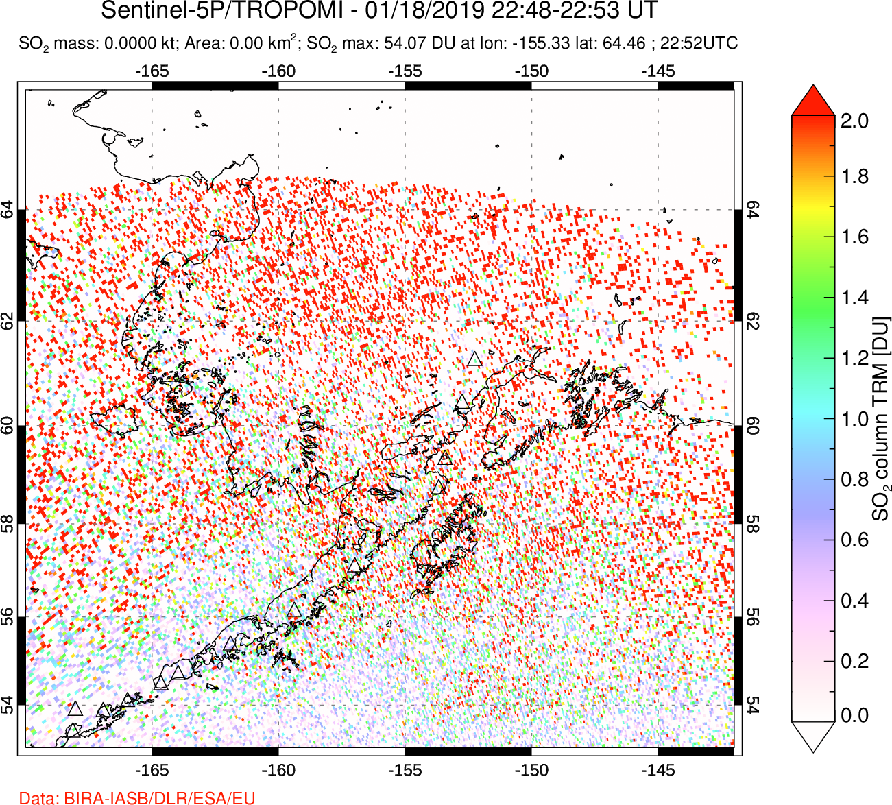 A sulfur dioxide image over Alaska, USA on Jan 18, 2019.