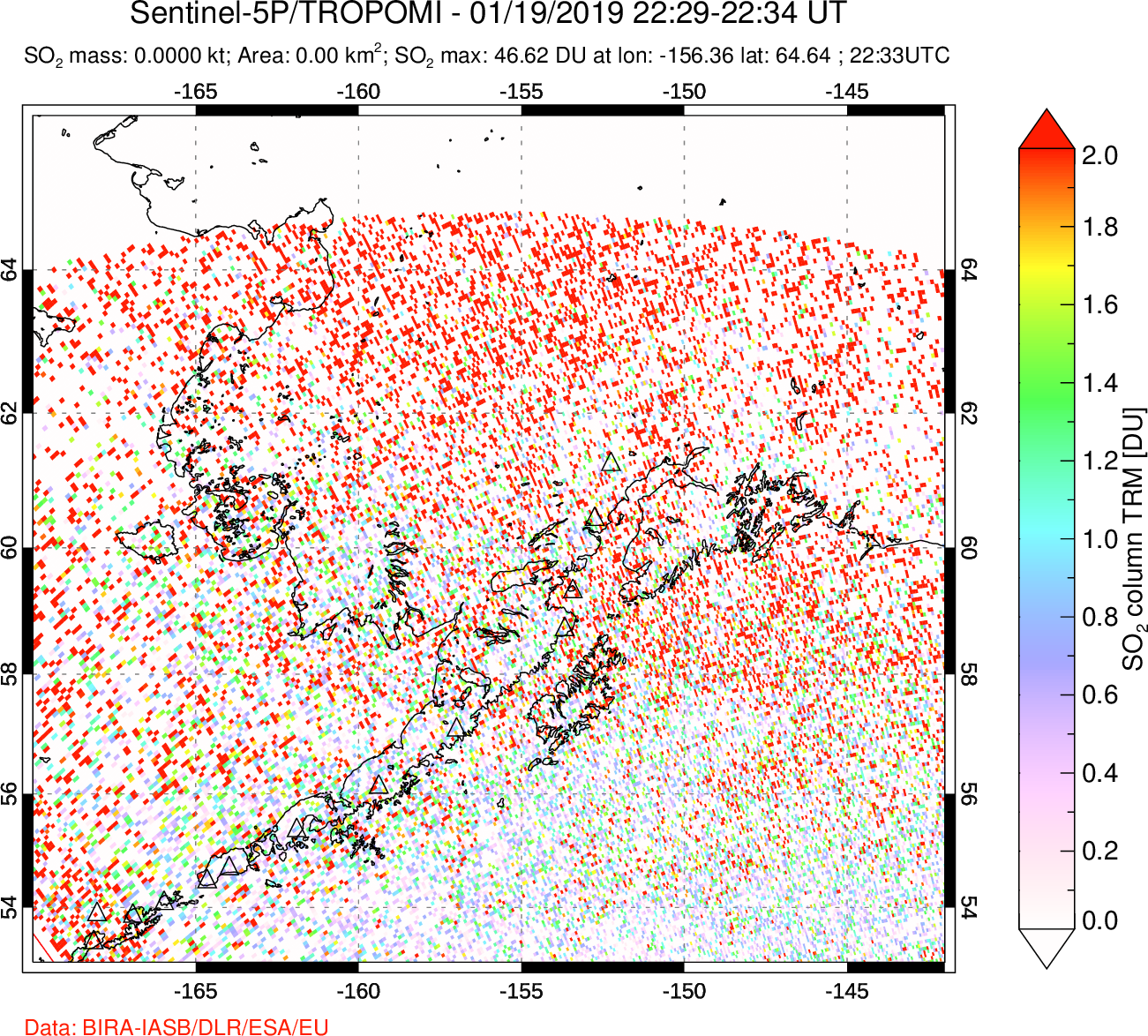 A sulfur dioxide image over Alaska, USA on Jan 19, 2019.