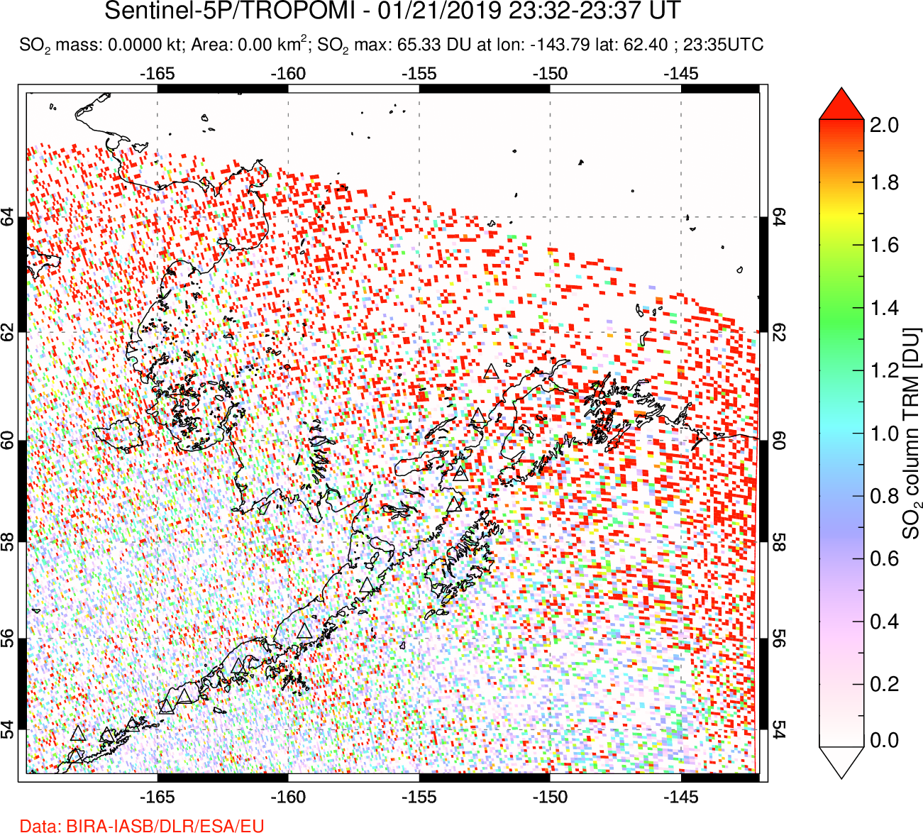 A sulfur dioxide image over Alaska, USA on Jan 21, 2019.