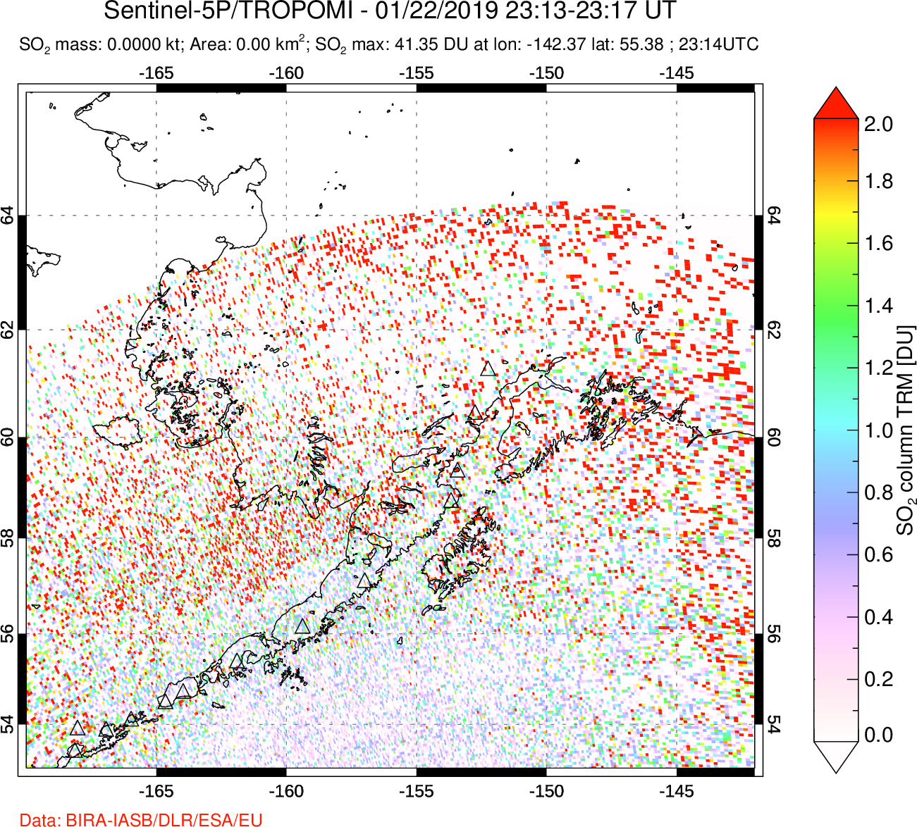 A sulfur dioxide image over Alaska, USA on Jan 22, 2019.