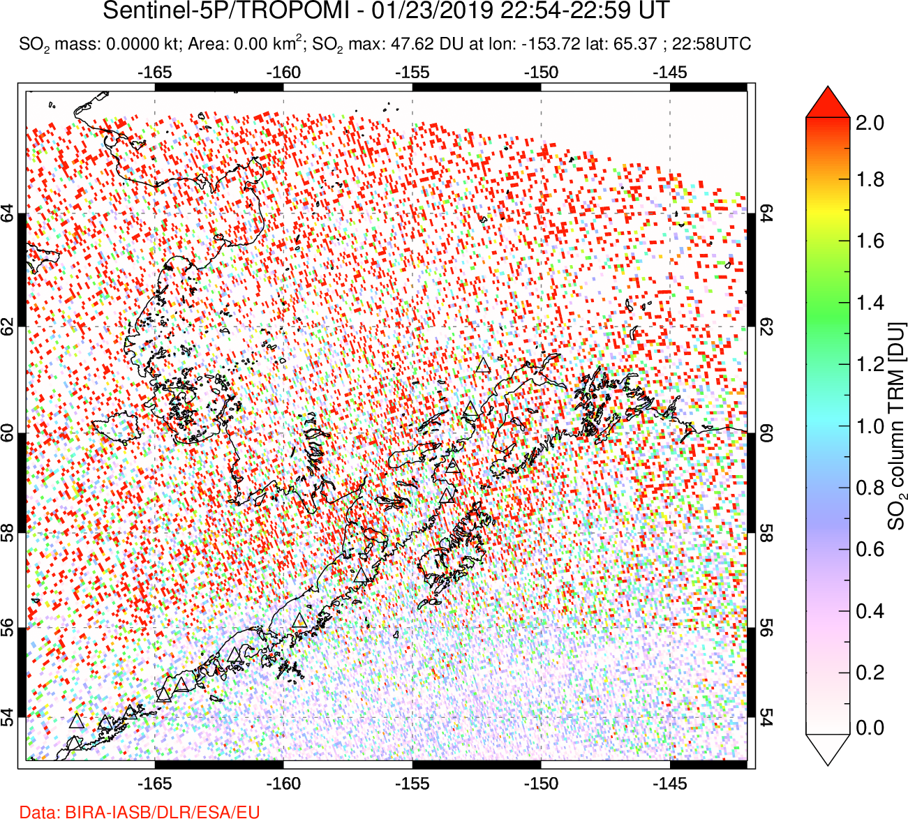 A sulfur dioxide image over Alaska, USA on Jan 23, 2019.