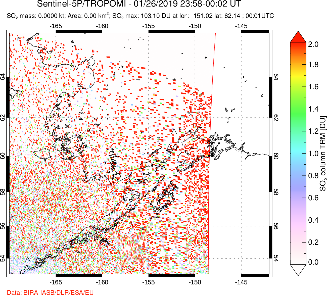 A sulfur dioxide image over Alaska, USA on Jan 26, 2019.