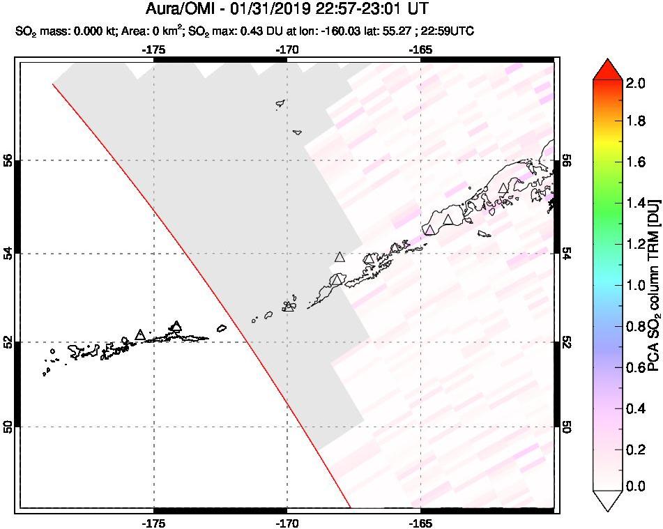 A sulfur dioxide image over Aleutian Islands, Alaska, USA on Jan 31, 2019.