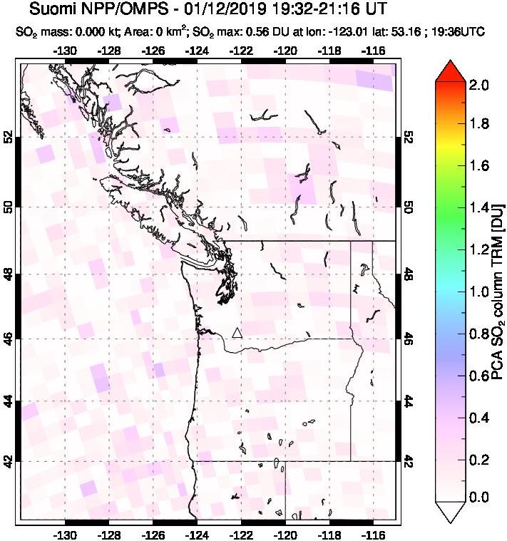 A sulfur dioxide image over Cascade Range, USA on Jan 12, 2019.