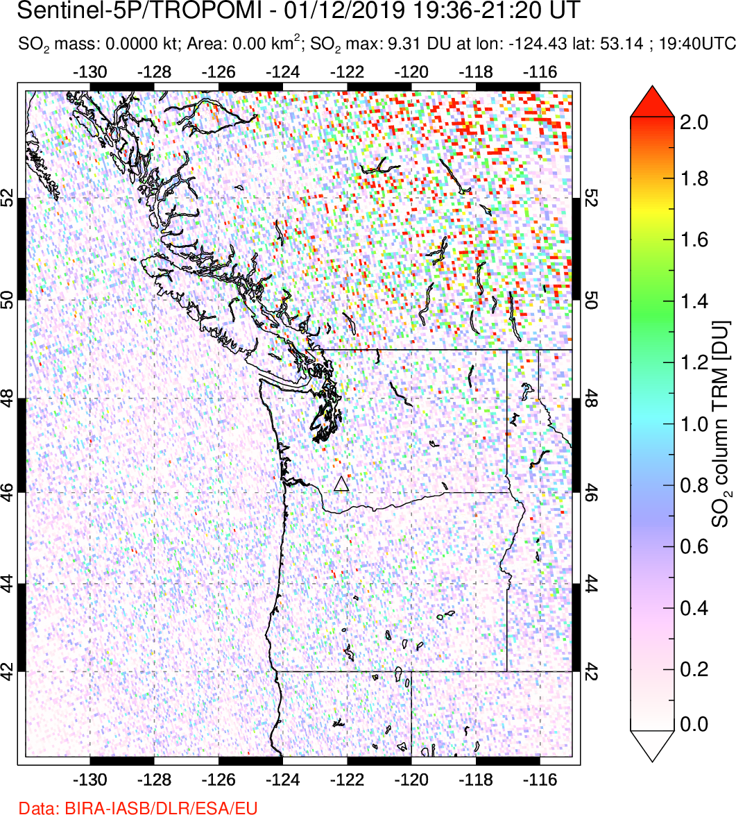 A sulfur dioxide image over Cascade Range, USA on Jan 12, 2019.