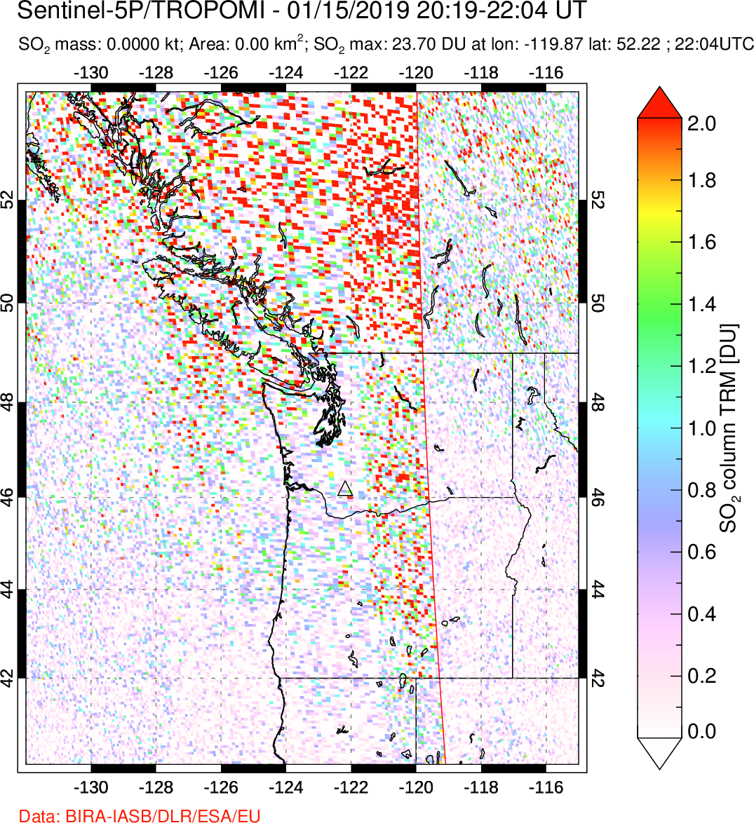 A sulfur dioxide image over Cascade Range, USA on Jan 15, 2019.