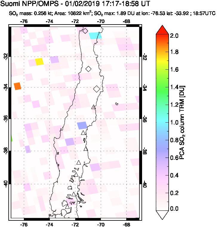 A sulfur dioxide image over Central Chile on Jan 02, 2019.