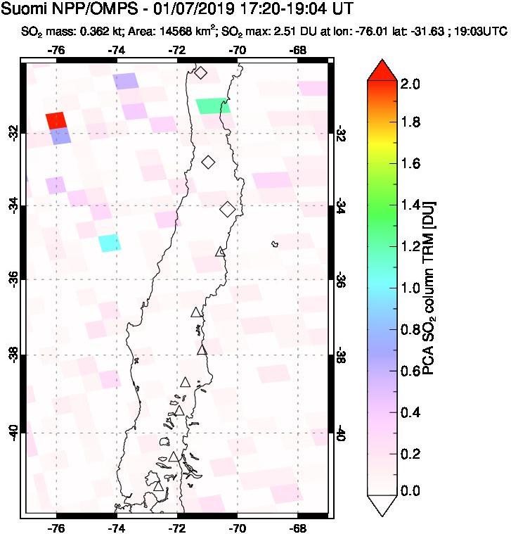 A sulfur dioxide image over Central Chile on Jan 07, 2019.