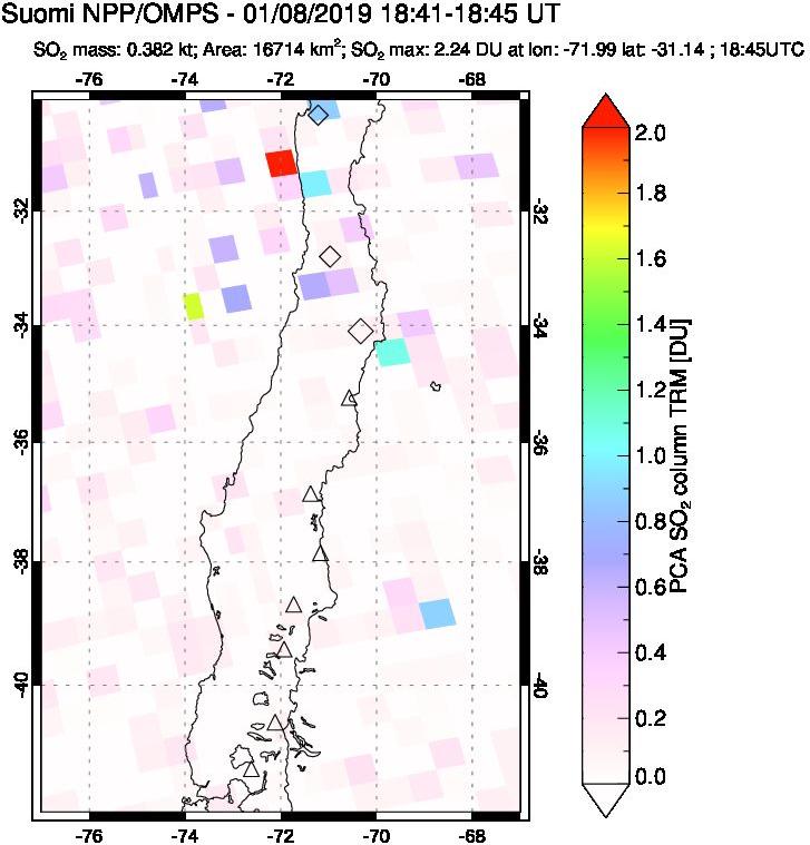 A sulfur dioxide image over Central Chile on Jan 08, 2019.