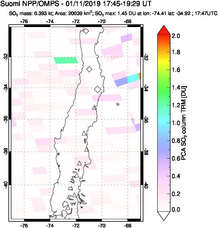 A sulfur dioxide image over Central Chile on Jan 11, 2019.