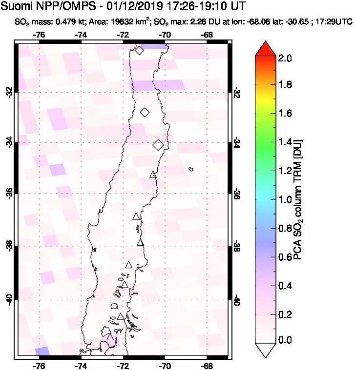A sulfur dioxide image over Central Chile on Jan 12, 2019.