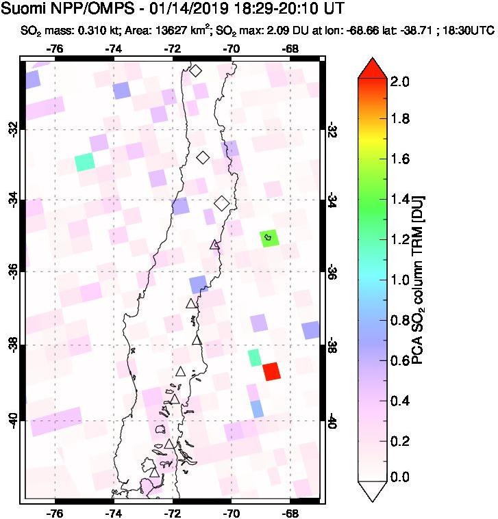 A sulfur dioxide image over Central Chile on Jan 14, 2019.