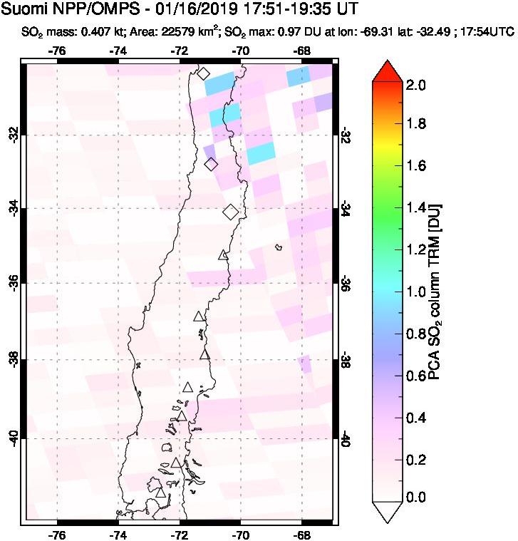 A sulfur dioxide image over Central Chile on Jan 16, 2019.