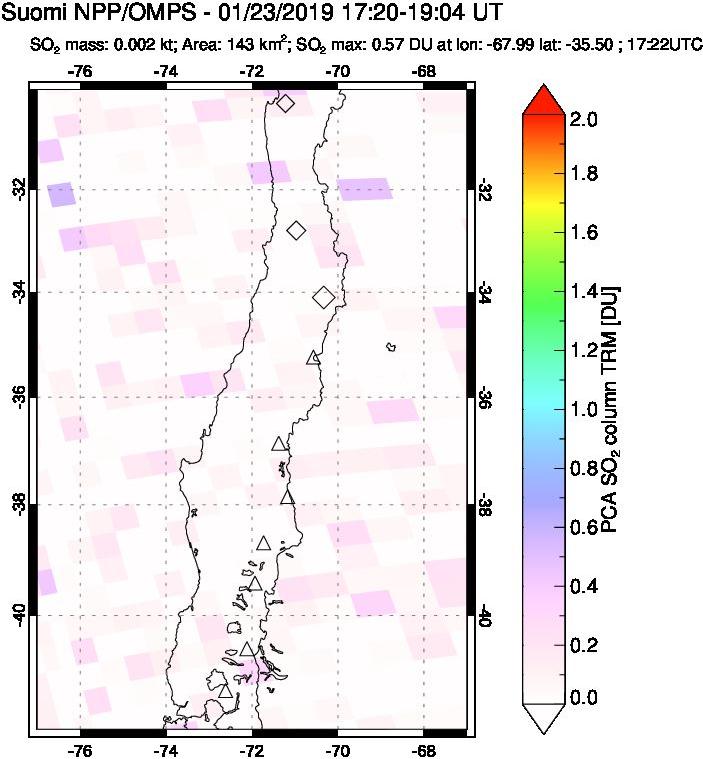 A sulfur dioxide image over Central Chile on Jan 23, 2019.