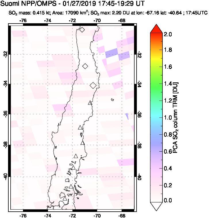 A sulfur dioxide image over Central Chile on Jan 27, 2019.