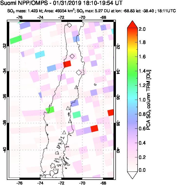 A sulfur dioxide image over Central Chile on Jan 31, 2019.