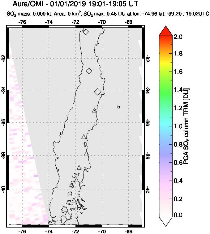 A sulfur dioxide image over Central Chile on Jan 01, 2019.