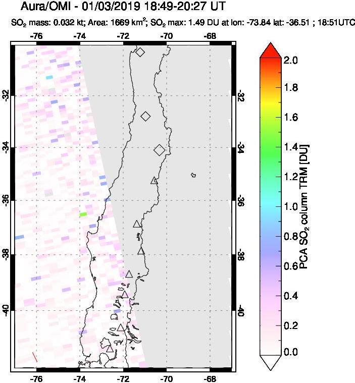 A sulfur dioxide image over Central Chile on Jan 03, 2019.