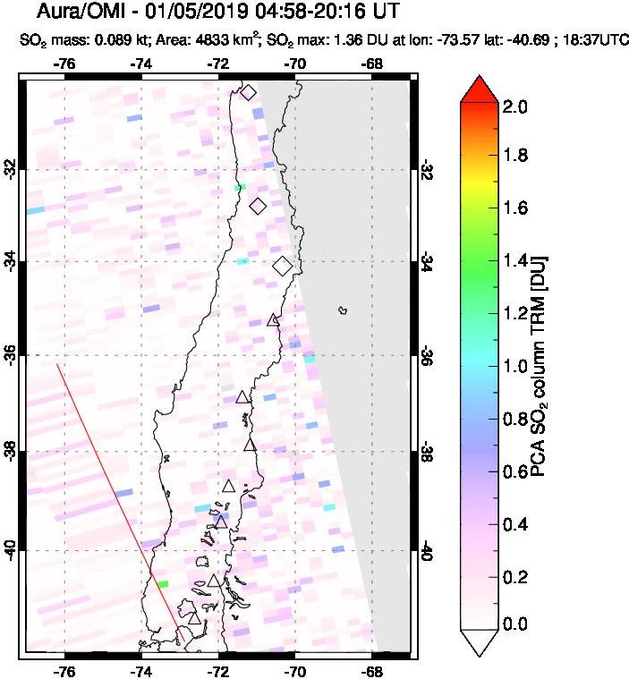 A sulfur dioxide image over Central Chile on Jan 05, 2019.