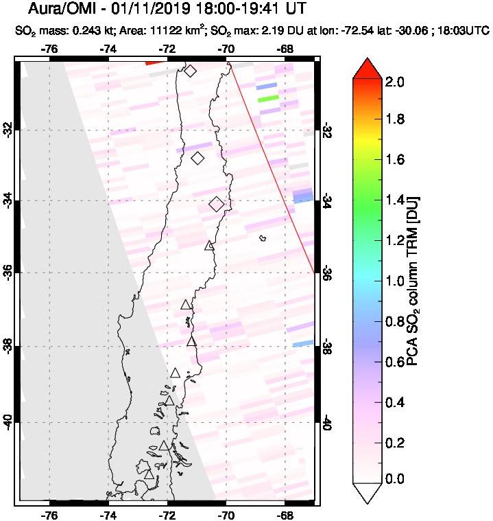 A sulfur dioxide image over Central Chile on Jan 11, 2019.