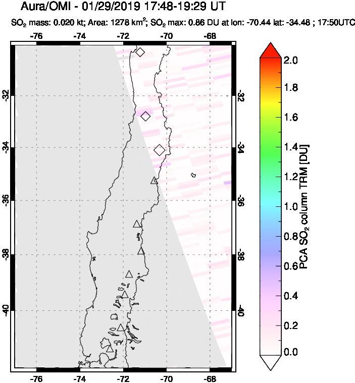 A sulfur dioxide image over Central Chile on Jan 29, 2019.
