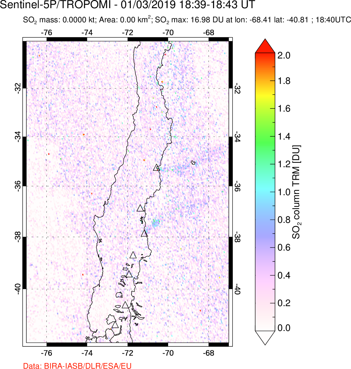 A sulfur dioxide image over Central Chile on Jan 03, 2019.
