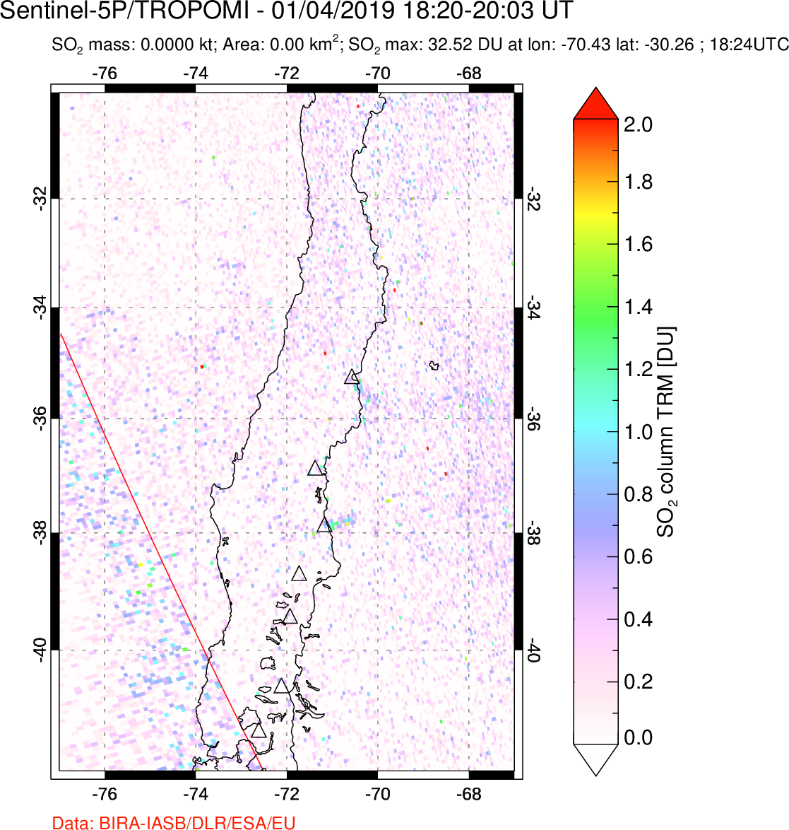 A sulfur dioxide image over Central Chile on Jan 04, 2019.