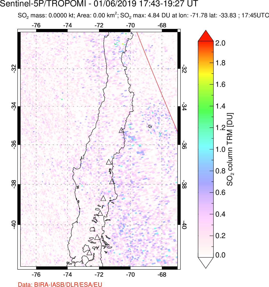 A sulfur dioxide image over Central Chile on Jan 06, 2019.