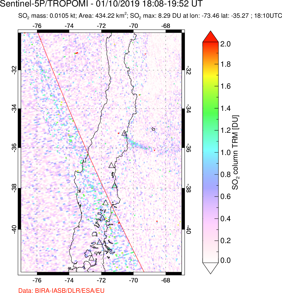 A sulfur dioxide image over Central Chile on Jan 10, 2019.