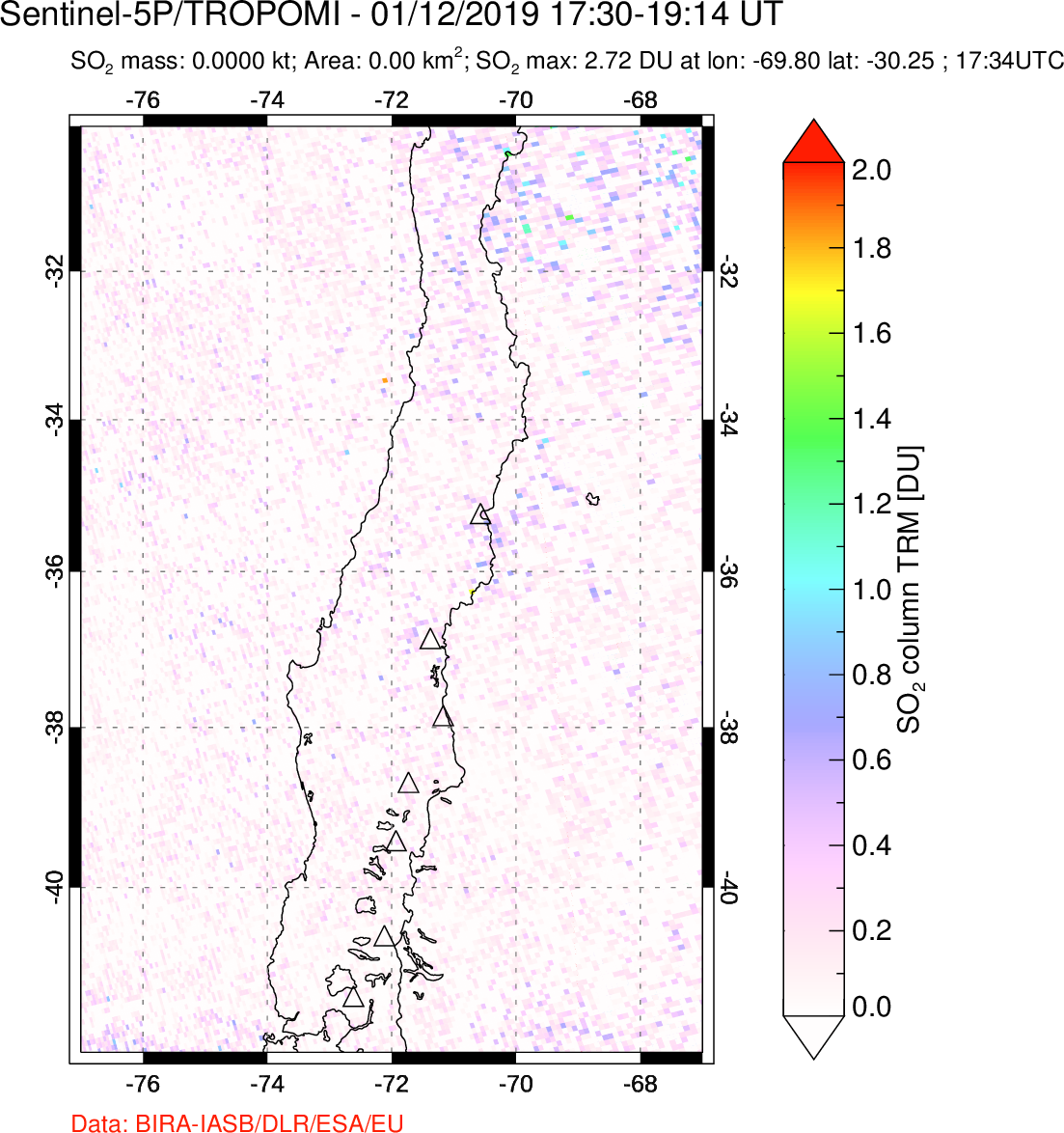 A sulfur dioxide image over Central Chile on Jan 12, 2019.