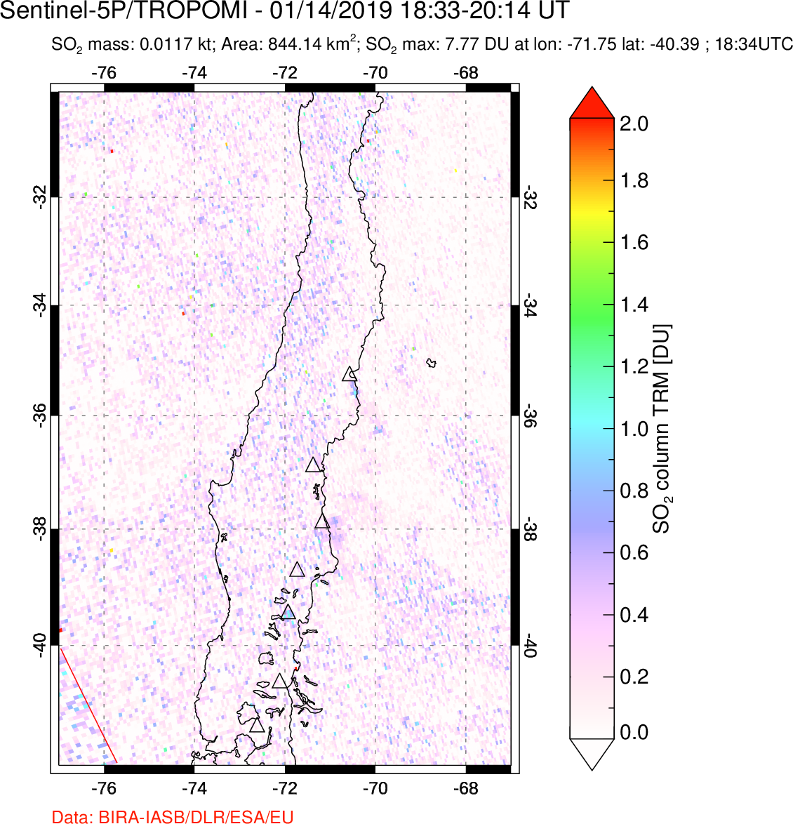 A sulfur dioxide image over Central Chile on Jan 14, 2019.